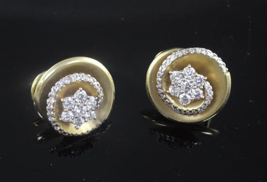 A pair of 18ct gold and diamond set circular earrings, 15mm.